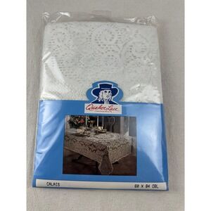 Vintage Quaker Lace Calais Tablecloth 60x84 Oblong White Floral Lace NOS USA